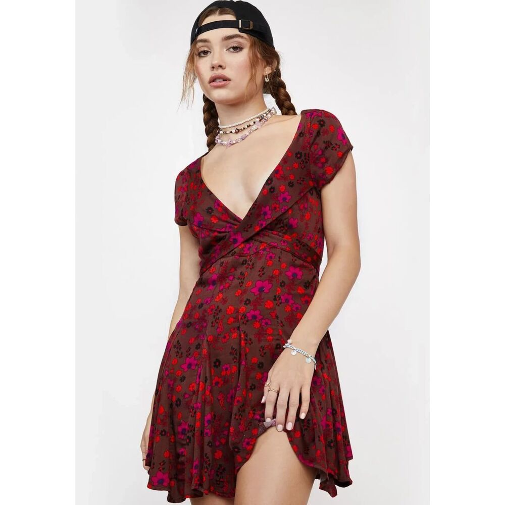 Free People size xsmall brown red pink floral it takes two wrap dress